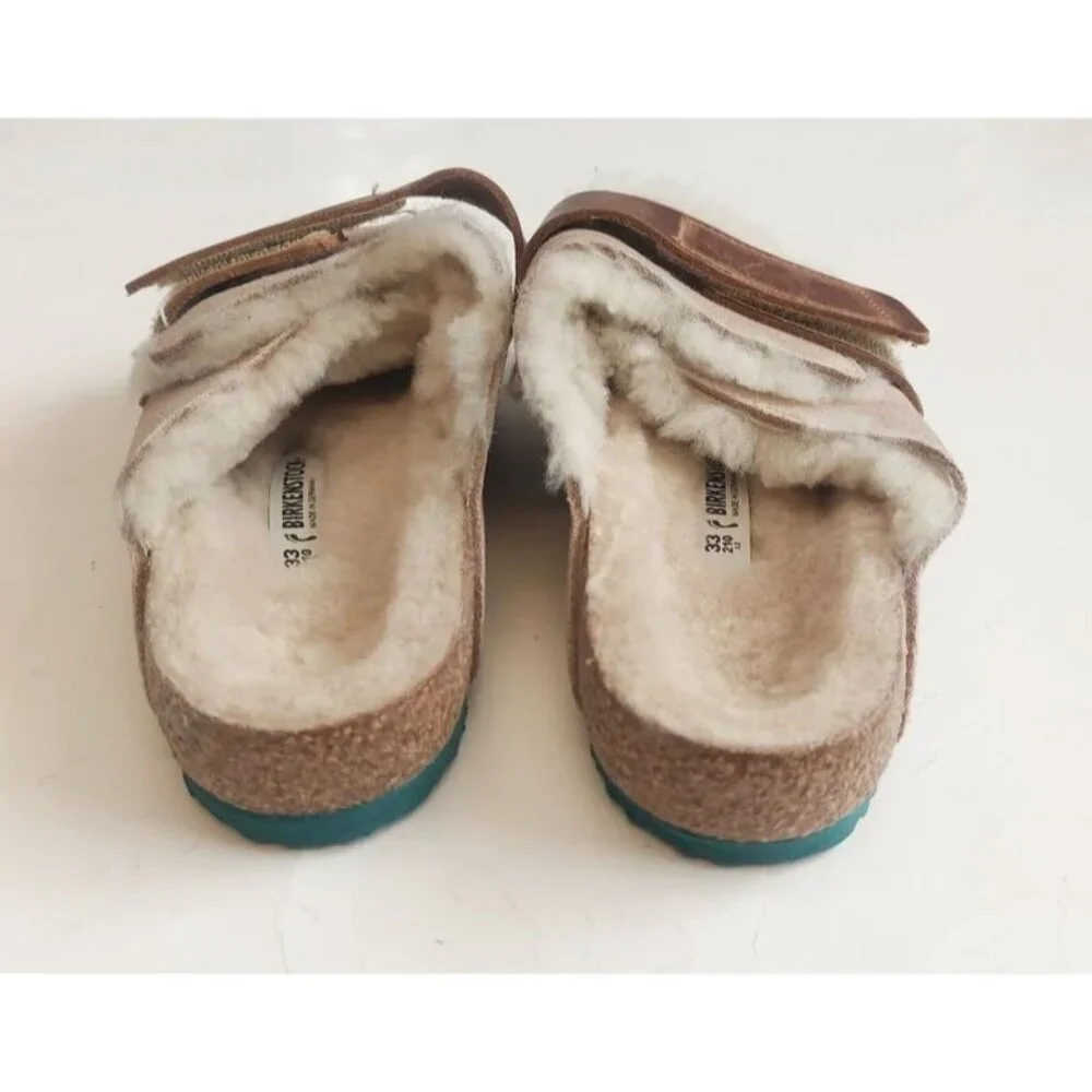 Birkenstock Size 2 Kyoto Teddy Kids Suede Sandals Shearling Lined EU 33 Beige